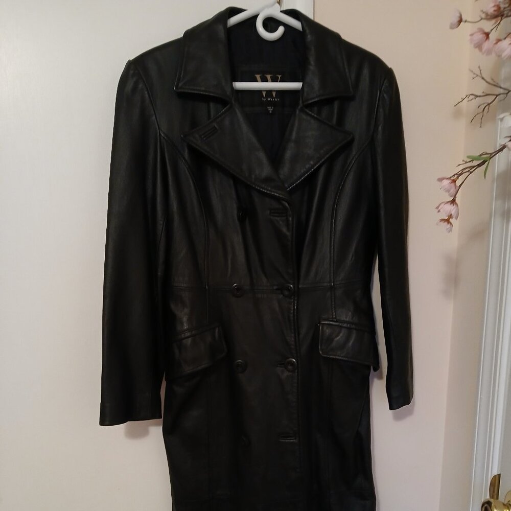 W by Winlit Black Genuine Leather Long Trenchcoat sz S